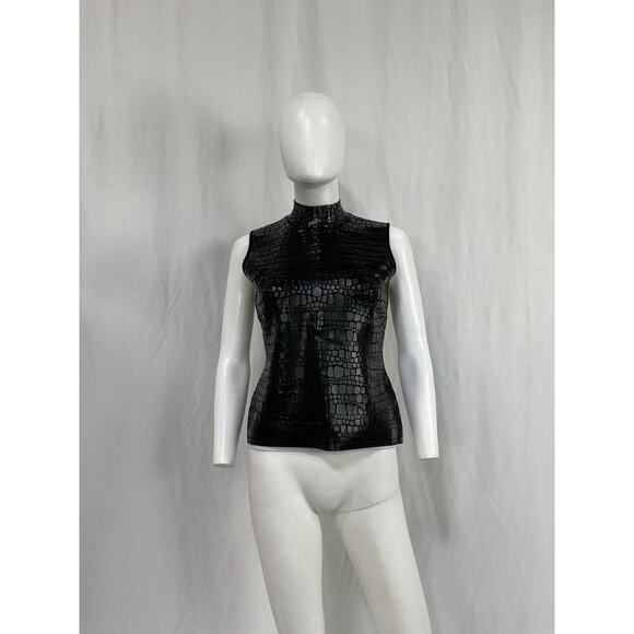 Hervé Léger 'Clarice' Black Rayon Mock-Neck Croc-Embossed Sleeveless Top Size M - Picture 2 of 5